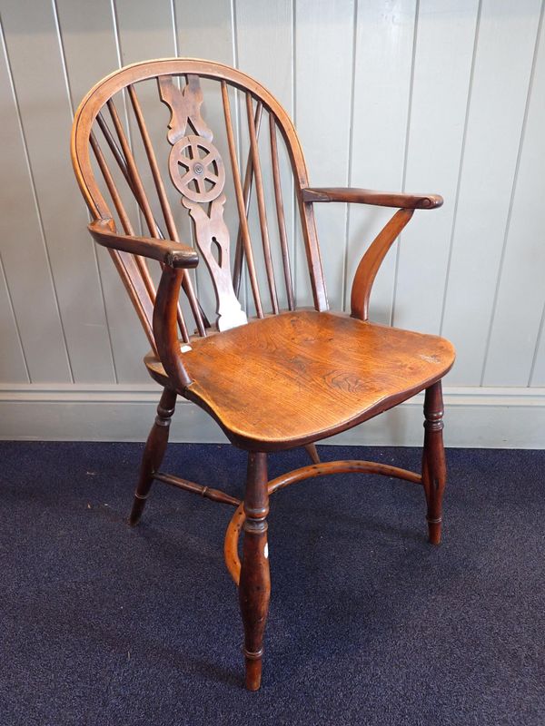 A 19th CENTURY ELM, BEECH AND FRUITWOOD WHEELBACK WINDSOR ARMCHAIR