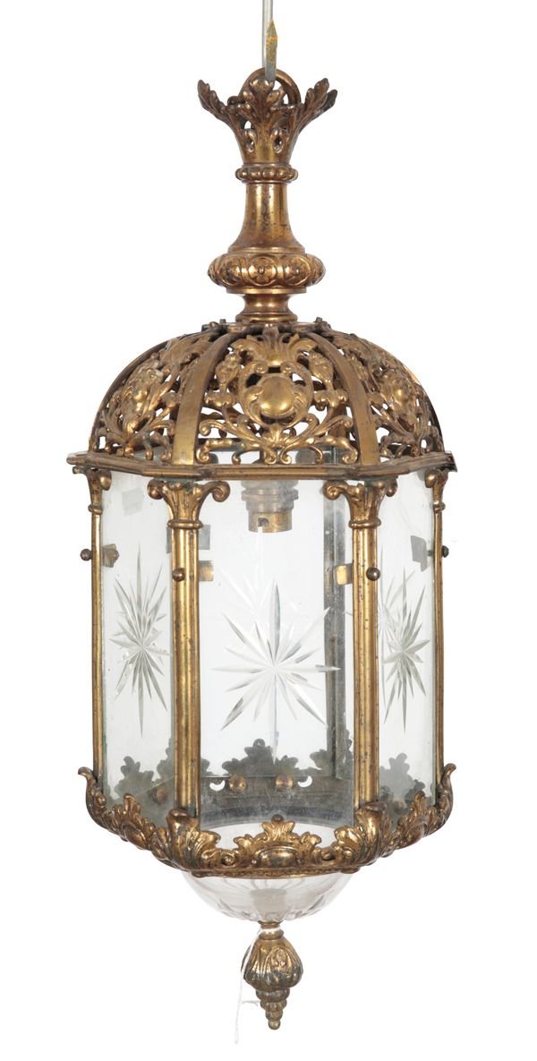 AN EDWARDIAN GILT-METAL AND GLASS PANEL HALL LANTERN