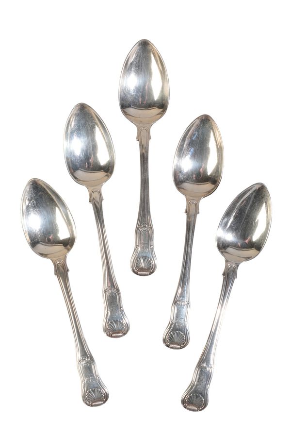 FIVE GEORGE IV SILVER HOURGLASS PATTERN DESSERT SPOONS