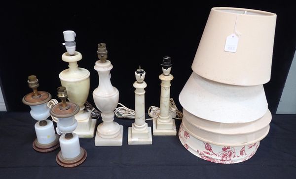 A PAIR OF OPAQUE GLASS AND BRASS-MOUNTED LABLE LAMPS