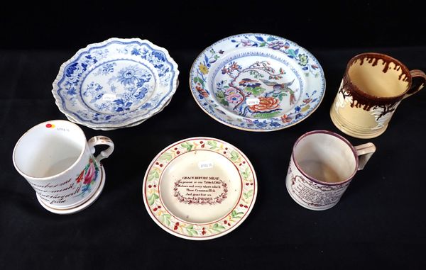 TWO 19th CENTURY MUGS WITH VERSES, A NURSERY PLATE