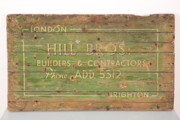 HILL BROS. BUILDERS & CONTRACTORS: A PAINTED WOOD ADVERTISING BOARD