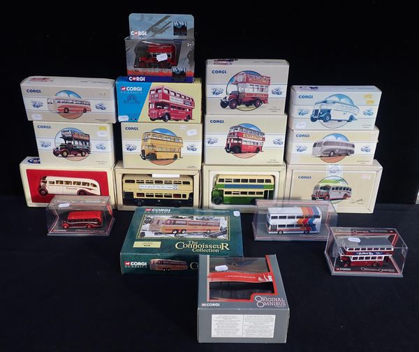 A COLLECTION OF CORGI DIE CAST BUSES AND COACHES