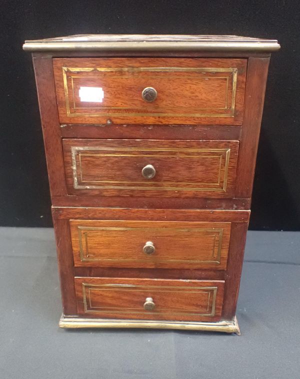 A 19th CENTURY ROSEWOOD AND BRASS INLAID MINIATURE CHEST