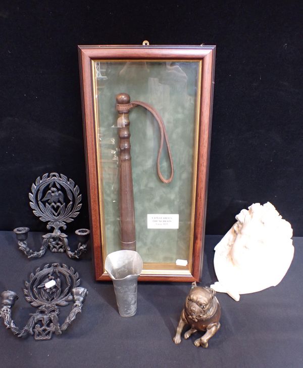A FRAMED TRUNCHEON FROM CERNE ABBAS, WITH LABEL: