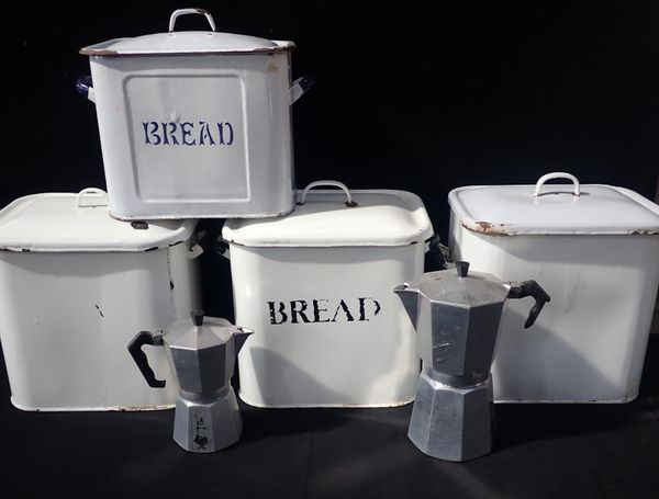 FOUR ENAMEL BREAD BINS