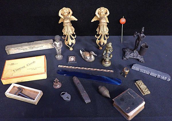 A CAST BRASS SEAL, A BRONZED MATCH HOLDER