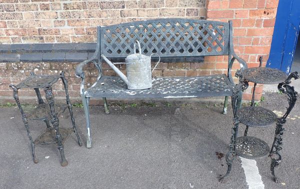 A METAL GARDEN BENCH, WITH  LATTICE BACK
