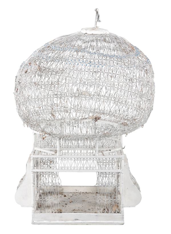 A LARGE WHITE-PAINTED BIRD CAGE