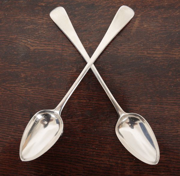A PAIR OF GEORGE III SILVER OLD ENGLISH PATTERN SERVING SPOONS