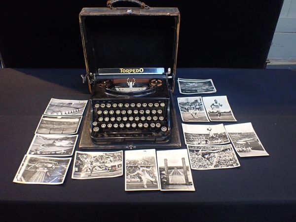 GERMAN OLYMPICS TYPEWRITER, POSTCARDS AND LAPEL PIN