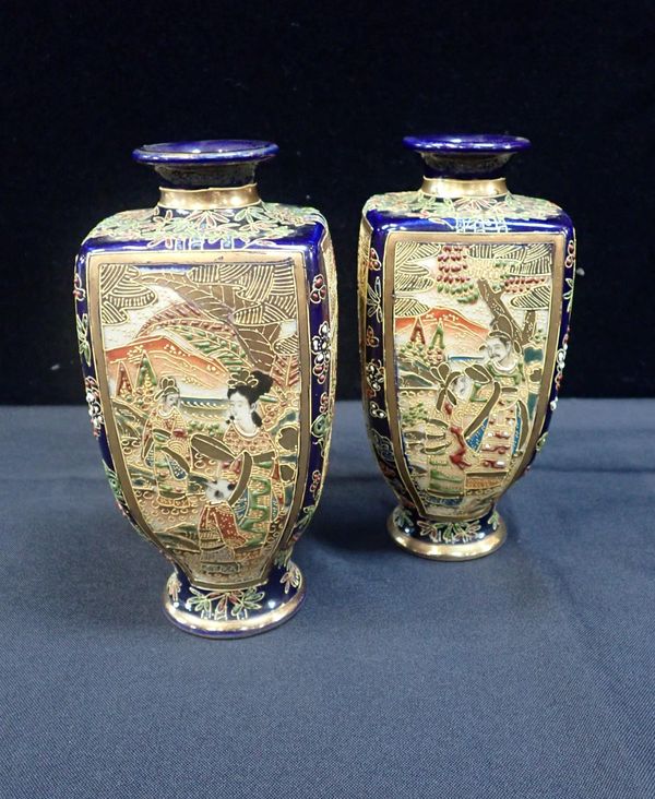 A PAIR OF SQUARE-BODIED SATSUMA VASES