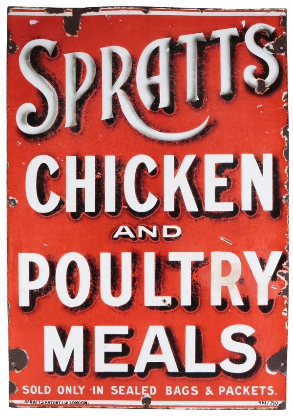 A VINTAGE 'SPRATT'S CHICKEN AND POULTRY MEALS' ENAMEL SIGN