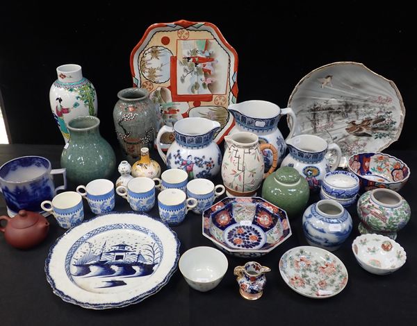 A LARGE JAPANESE SATSUMA WARE TRAY AND TWO JAPANESE IMARI BOWLS