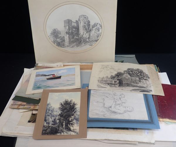 A PORTFOLIO CONTAINING A LARGE COLLECTION OF ART WORK