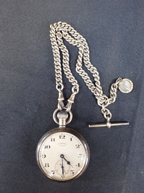 A SILVER POCKET WATCH AND CHAIN