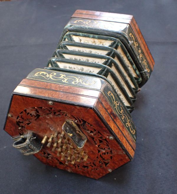 A 19th CENTURY WALNUT-CASED CONCERTINA