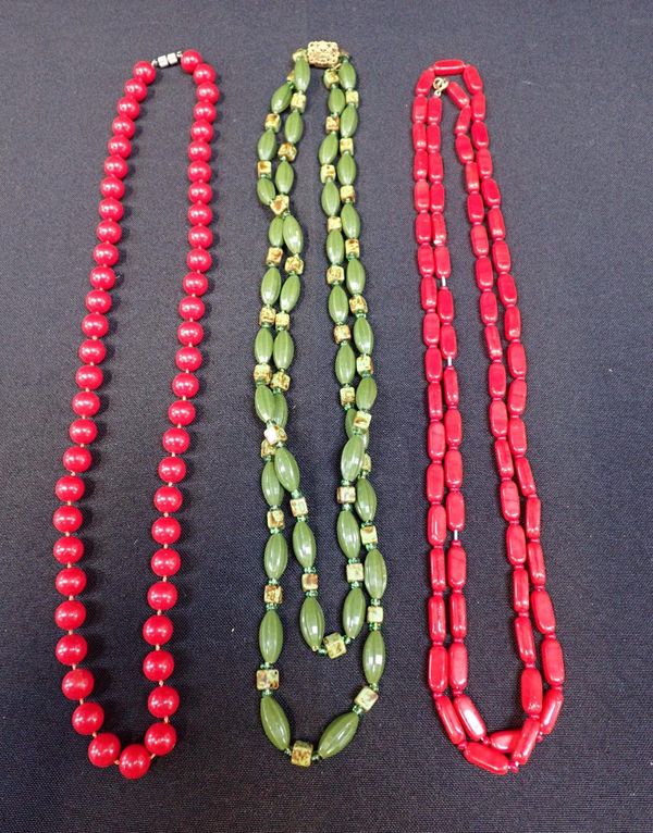 THREE GREEN AND RED BEAD NECKLACES