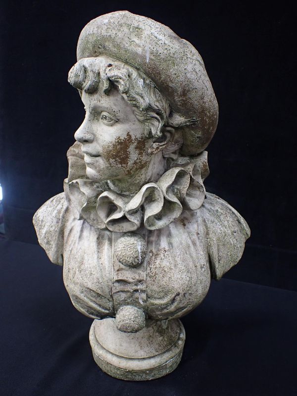 A CAST RECONSTITUTED STONE BUST OF COLUMBINE