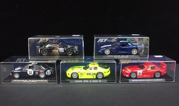 FIVE BOXED 'FLY' SLOT CARS