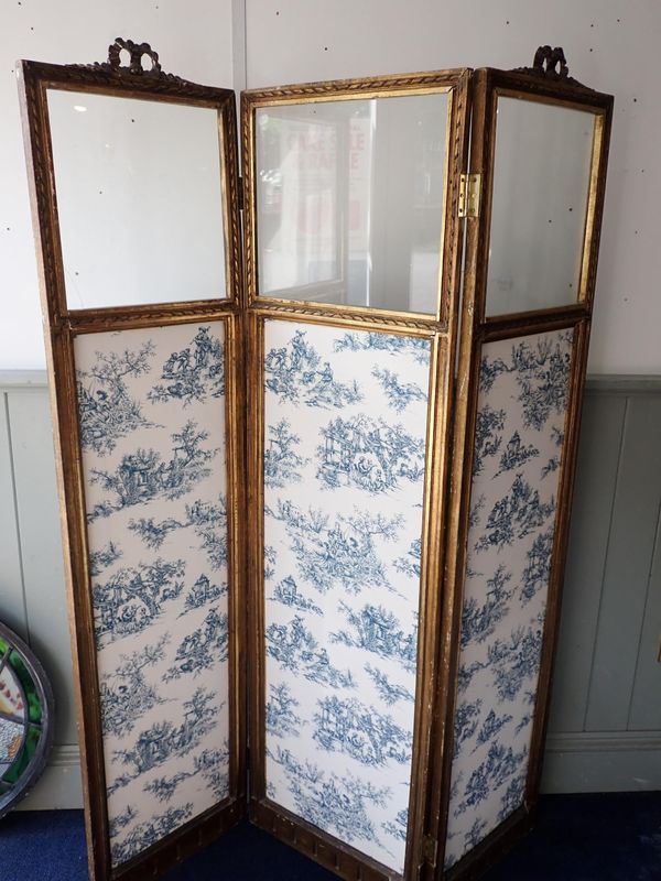 A LOUIS XV STYLE GILT THREE-FOLD SCREEN