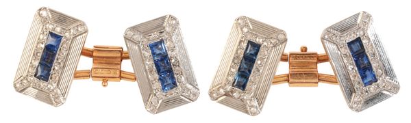 A PAIR OF FRENCH ART DECO SAPPHIRE AND DIAMOND CUFFLNKS