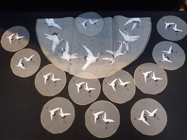 A SET OF GAUZE PANELS HAND PAINTED WITH FLYING CRANES