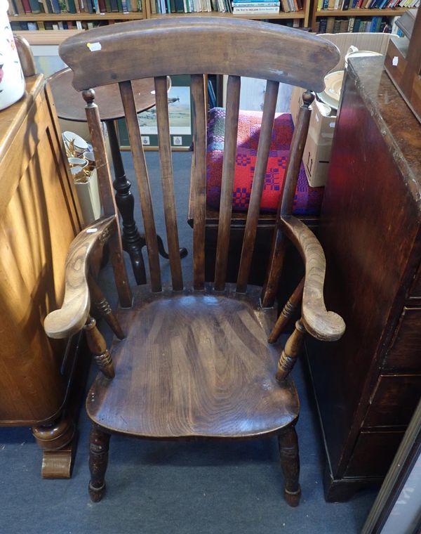 A VICTORIAN LATH-BACK KITCHEN ARMCHAIR