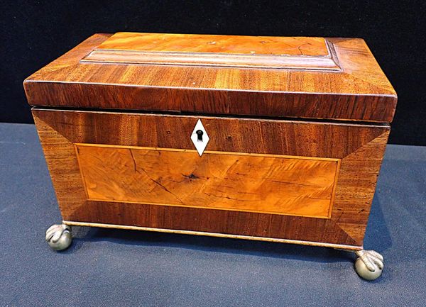 AN EARLY 19th CENTURY MAHOGANY AND SATINWOOD TEA CADDY