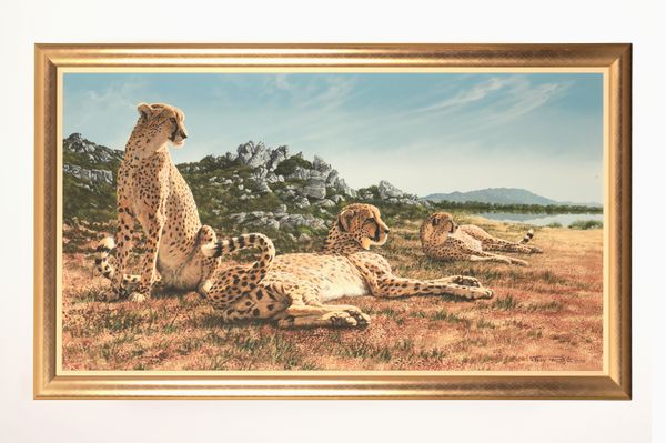 *TONY RIBTON (b.1940) A study of three cheetahs in a landscape