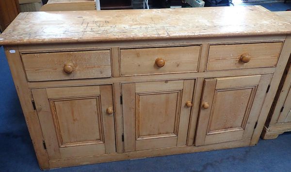 A 19th CENTURY STRIPPED PINE KITCHEN DRESSER BASE