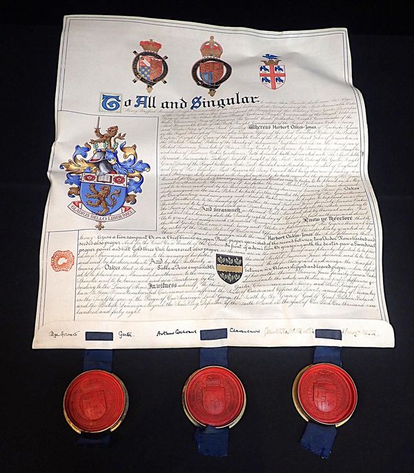 A PARCHMENT GRANT OF ARMS, WITH THREE PENDANT SEALS