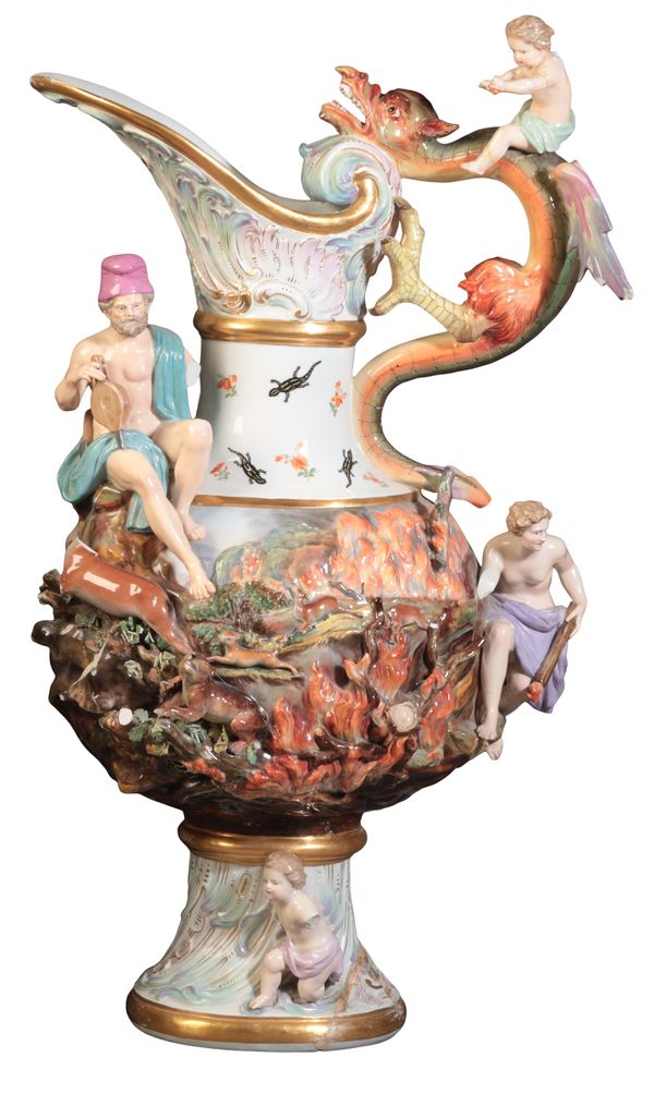 A LARGE MEISSEN PORCELAIN EWER EMBLEMATIC OF 'FIRE'