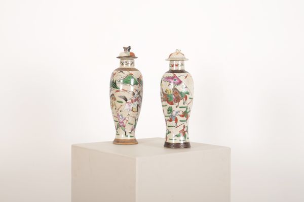 TWO CHINESE FAMILLE VERTE CRACKLEWARE PORCELAIN BALUSTER SHAPED VASES