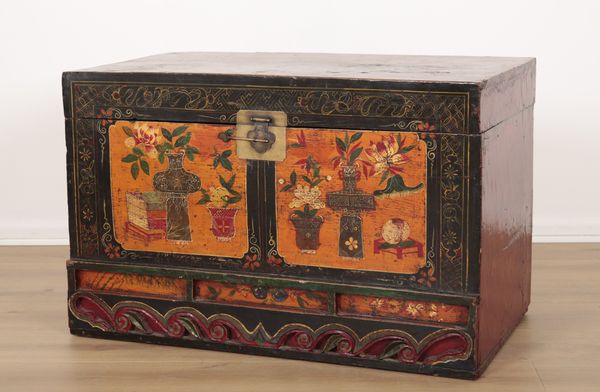 A POLYCHROME PAINTED INDIAN COFFER