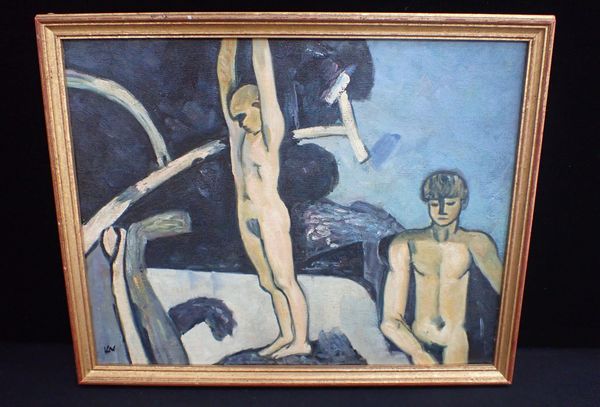BATHERS, A MODERN OIL ON BOARD