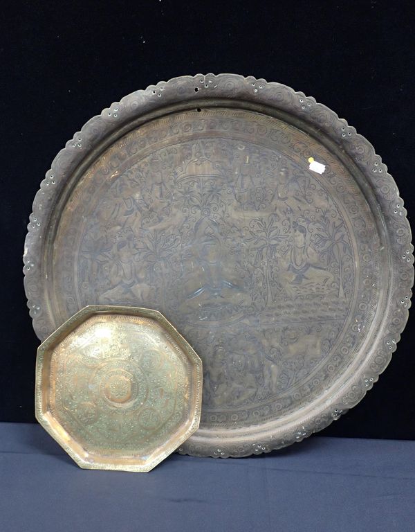 A LARGE BRASS TRAY DECORATED WITH SEATED BUDDHAS
