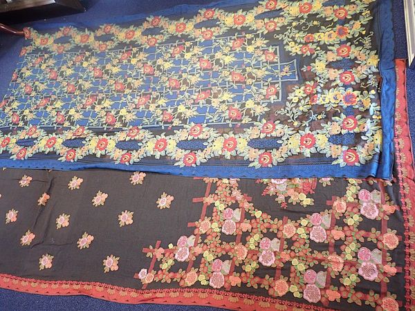 TWO 1920s TEXTILE PANELS, WOVEN ROSES ON TRELLIS