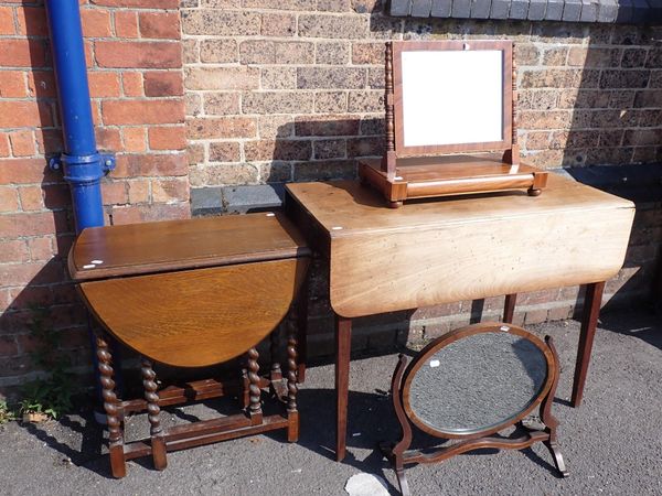 A 19th CENTURY MAHOGANY TOILET MIRROR, WITH TURNED SUPPORTS