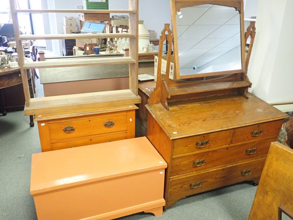 A PINE BLANKET BOX (PAINTED) A LOW OAK BOOKCASE