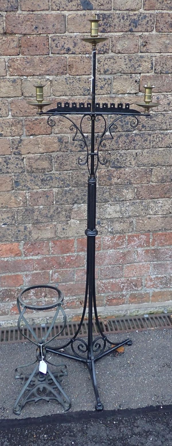 A GOTHIC REVIVAL IRON AND BRASS THREE-BRANCH  LAMP