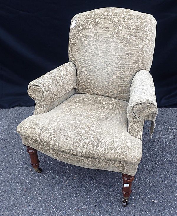 A VICTORIAN STYLE UPHOLSTERED ARMCHAIR