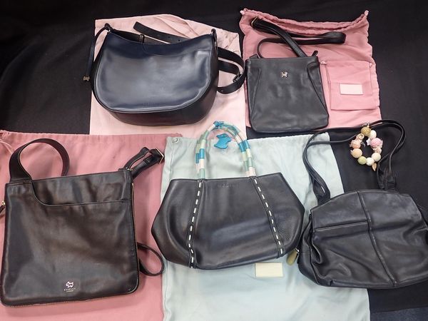 FIVE RADLEY HANDBAGS, ONE WITH STRIPED HANDLES