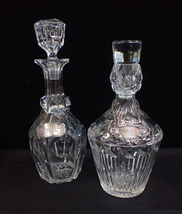 A CUT GLASS DECANTER WITH A GEORGE III SILVER SHERRY LABEL