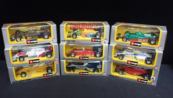 NINE BOXED BURAGO DIECAST FORMULA ONE CARS