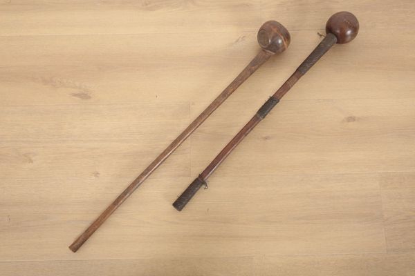 TWO AFRICAN HARDWOOD GLOBULAR SHAPED KNOBKERRIE