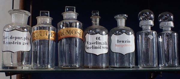 SEVEN GLASS APOTHECARY/CHEMIST JARS