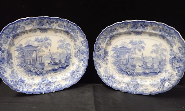 A PAIR OF 19th CENTURY 'CORINTHIAN' BLUE AND WHITE MEAT PLATTERS