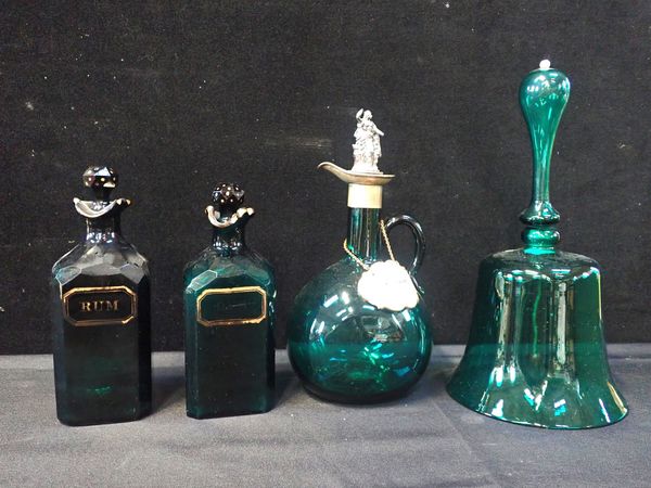 A PAIR OF 'BRISTOL' GREEN GLASS SQUARE RUM DECANTERS