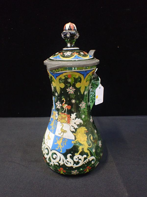 AN HISTORISMUS STYLE ENAMELLED GREEN GLASS JUG